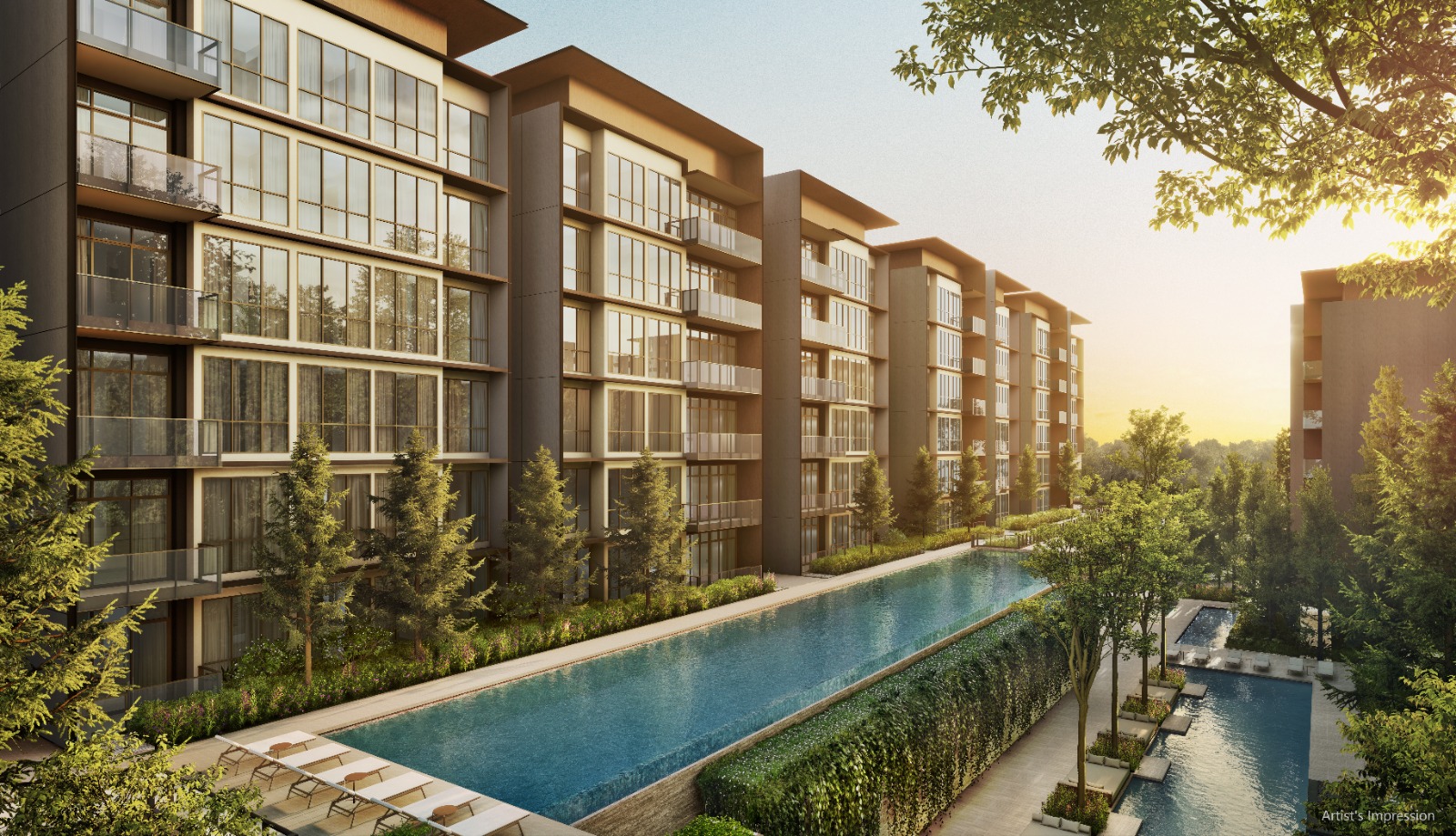 Artist's impression of the hilltop lap pool at golden hour