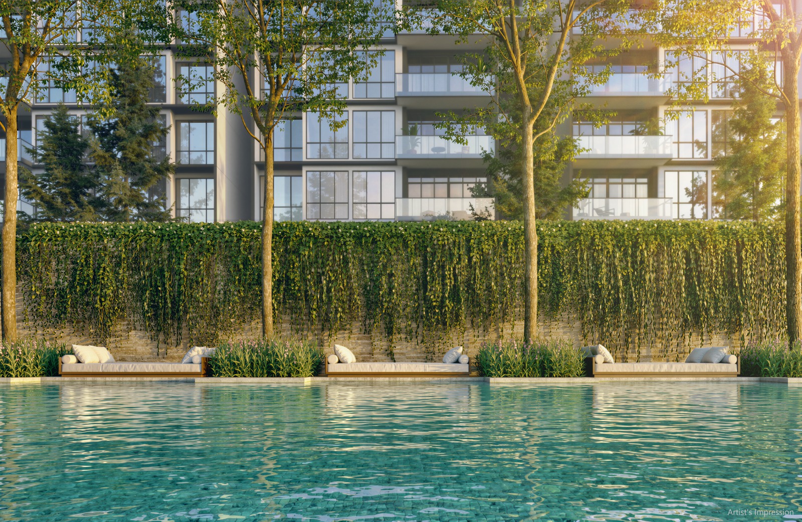 Artist's impression of poolside day lounges framed by a green vertical wall