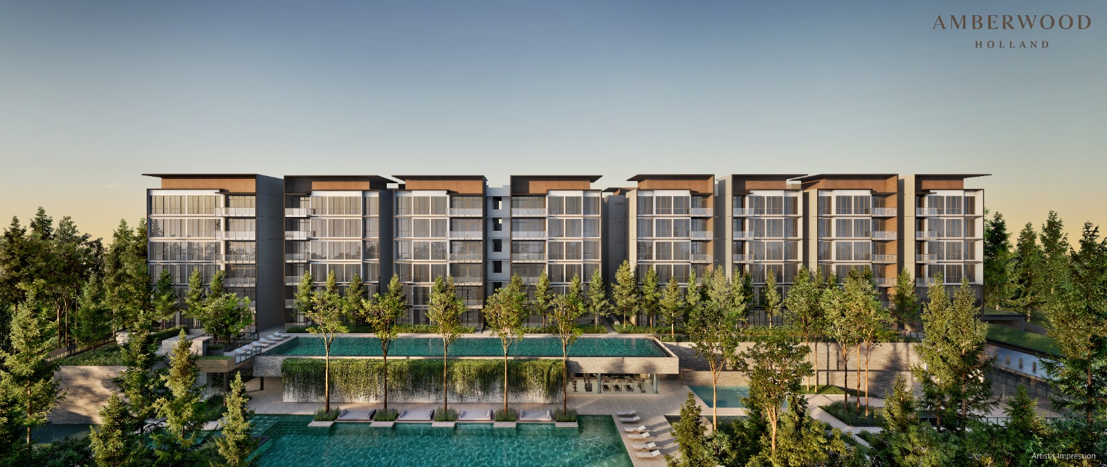 Artist's impression of the overall Amberwood At Holland development with pools at dusk