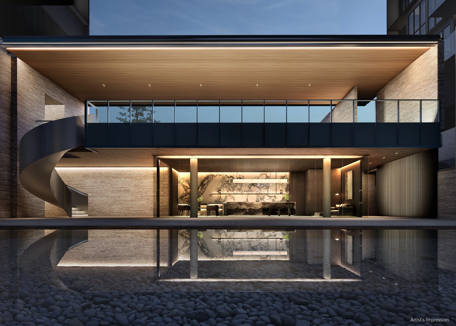 Artist's impression of the function studio pavilion beside a reflecting pool