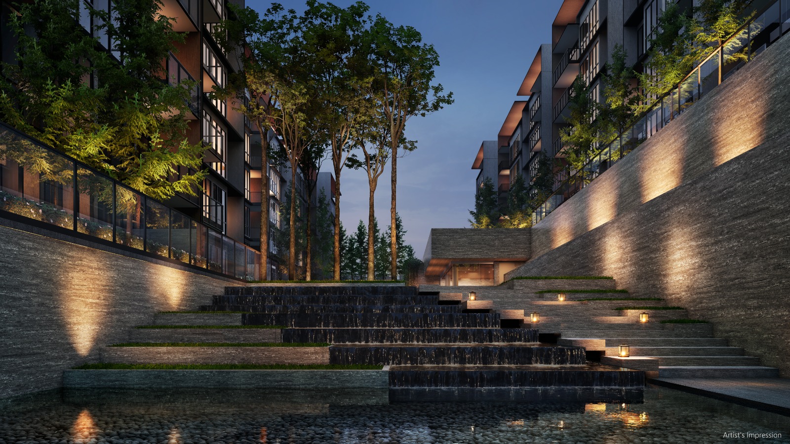 Artist's impression of the cascading water terrace between residential blocks