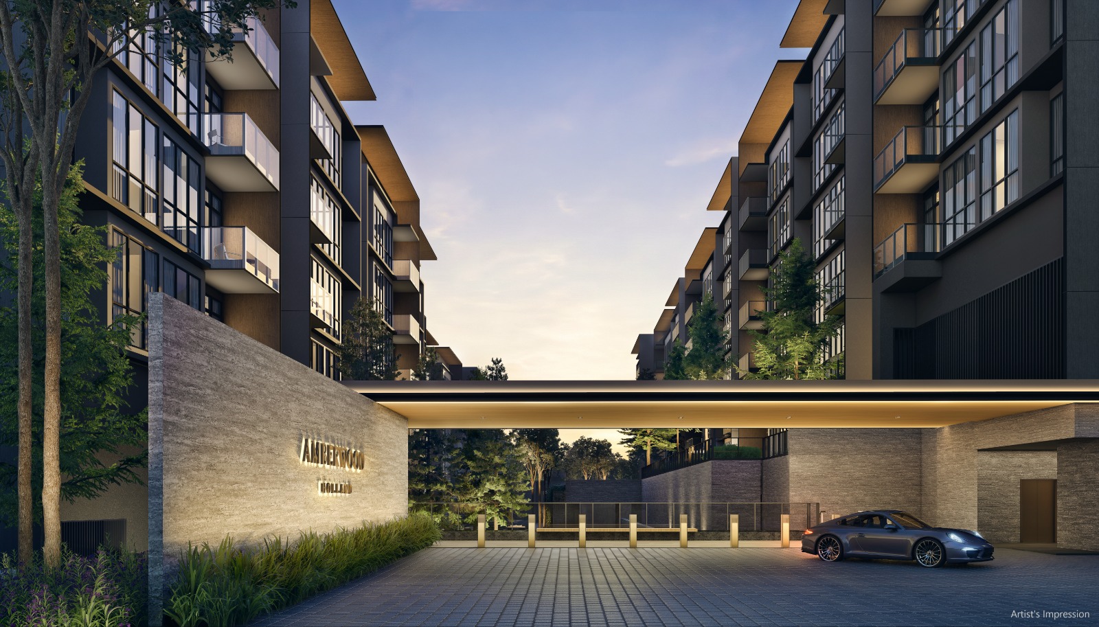 Artist's impression of the Amberwood At Holland arrival plaza and signage wall at dusk