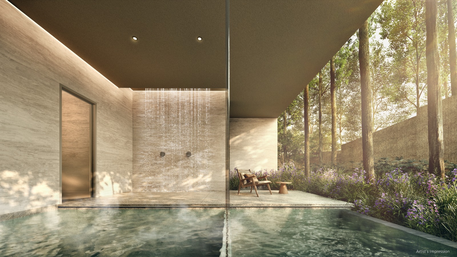 Artist's impression of the thermal bath and outdoor rain shower beside the forest