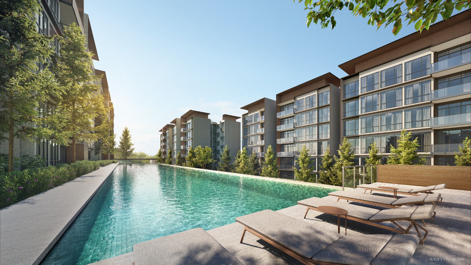 Artist's impression of the pool deck with sun loungers beside the residential blocks