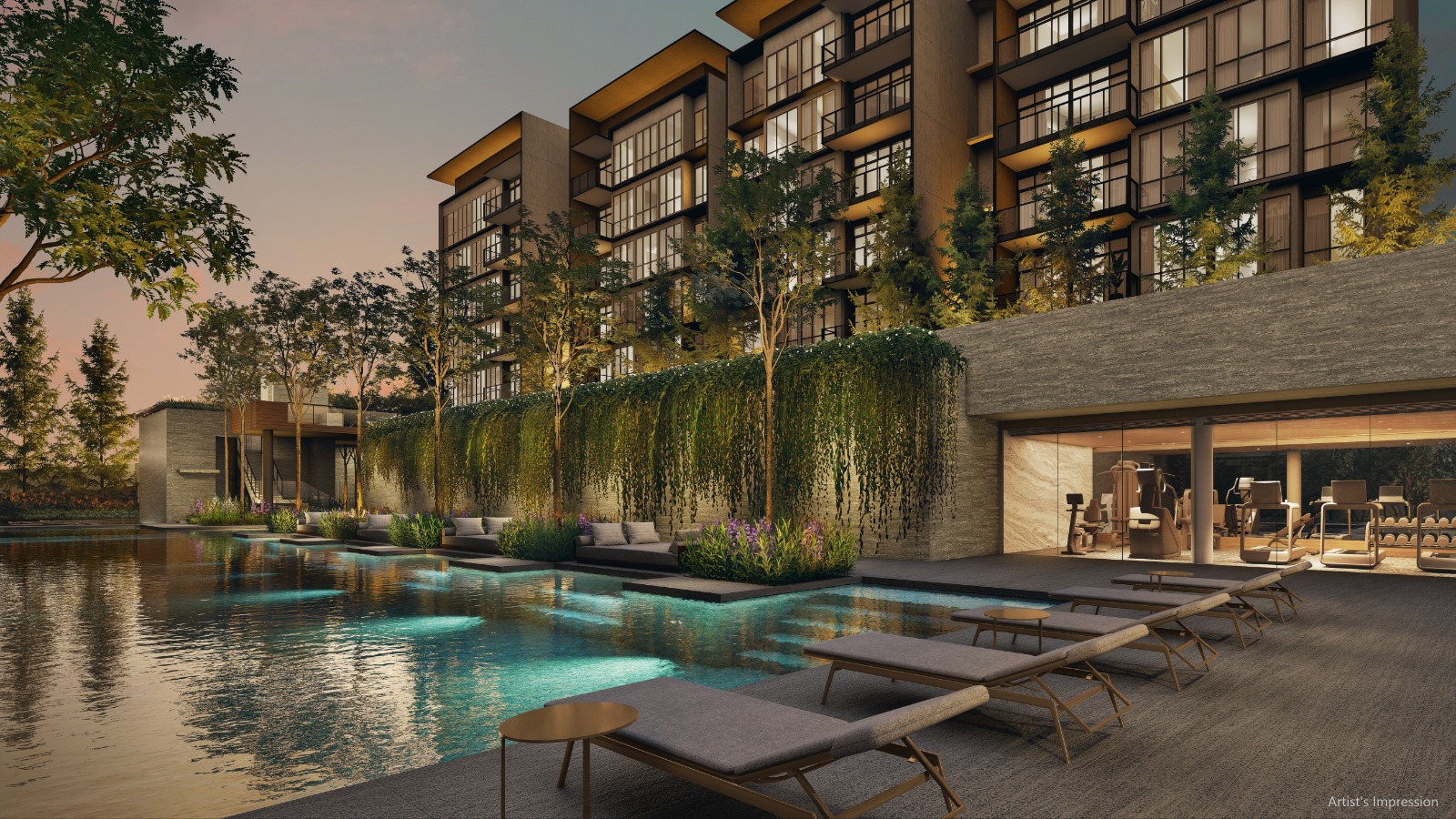 Artist's impression of the lakeside pool and gym at sunset